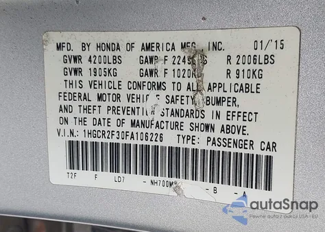 2015 Honda Accord Lx z USA, uszkodzony, nr VIN 1HGCR2F30FA106226